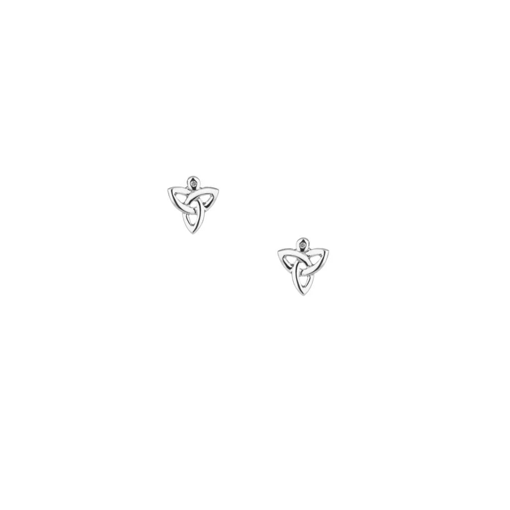 Pair of silver trinity knot earrings on a white background