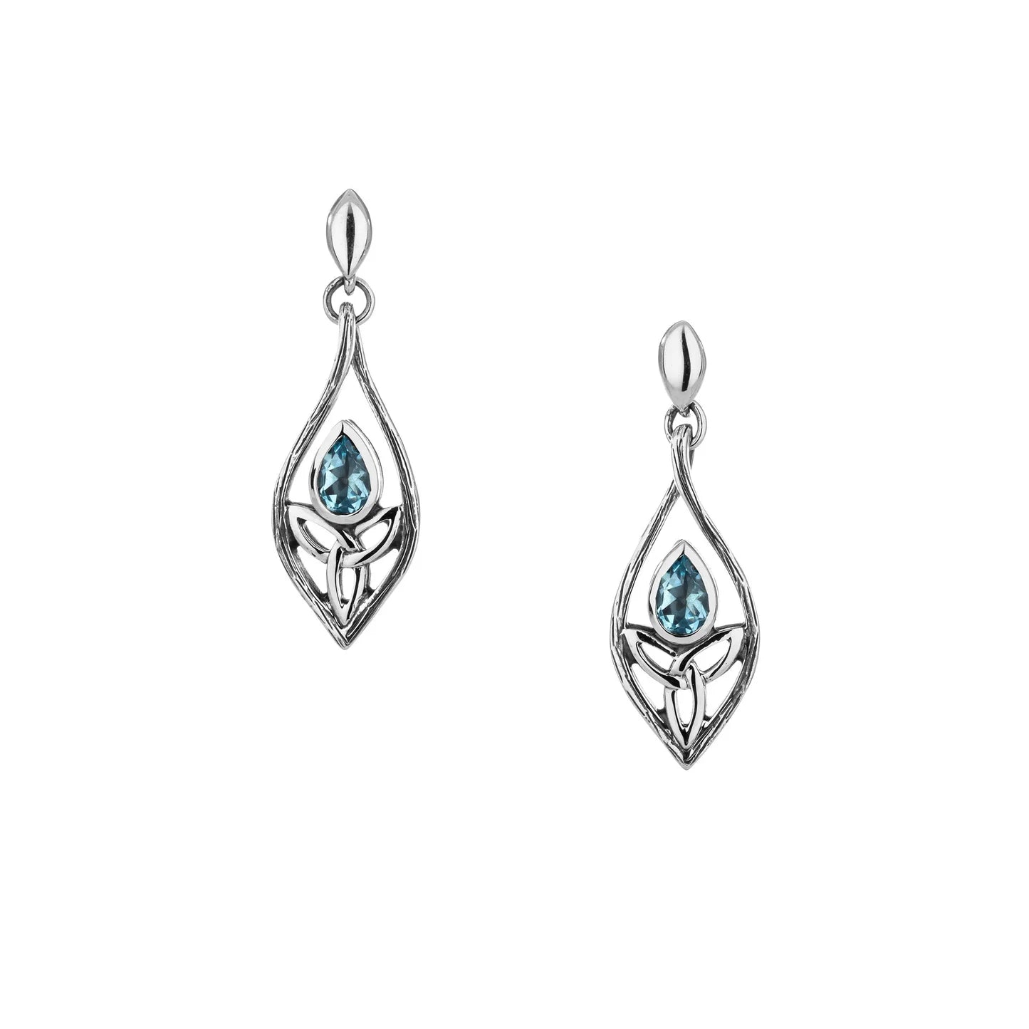 Pair of silver earrings with blue gemstones on a white background