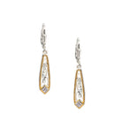 A pair of silver and gold drop earrings with Celtic knot designs and a small clear gemstone at the bottom, shown on a plain white background.