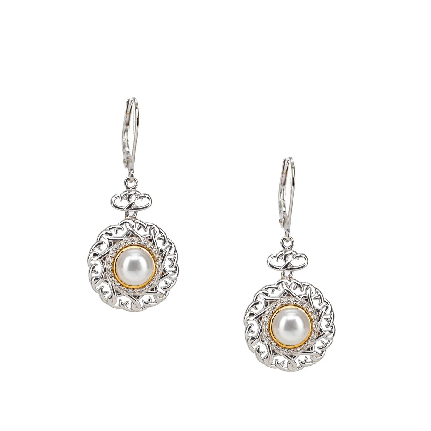 Pair of earrings with pearl centers on a white background