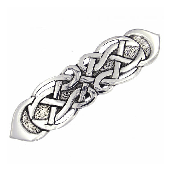 Silver Celtic knot design hair barrette on a white background