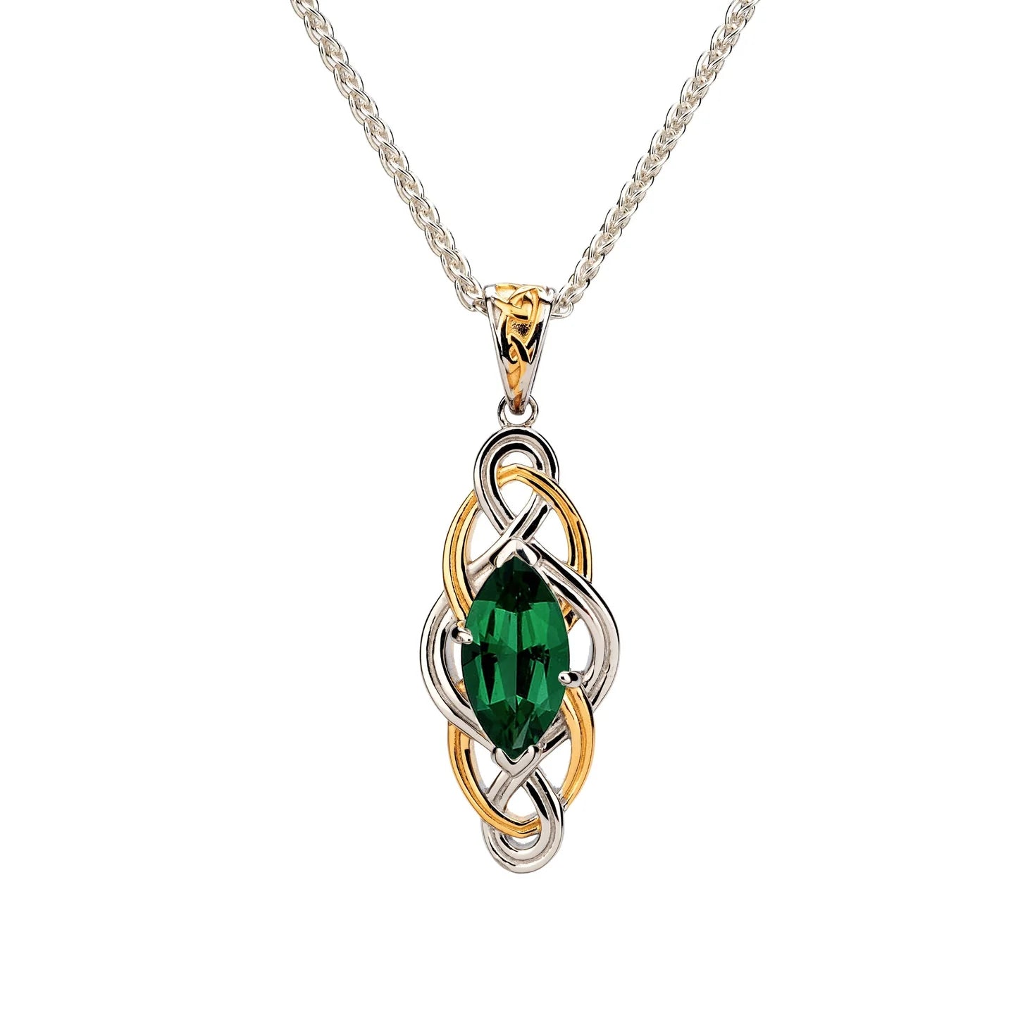 A two-tone silver and gold pendant necklace featuring a marquise-cut green gemstone at the center, set against a clean white background.