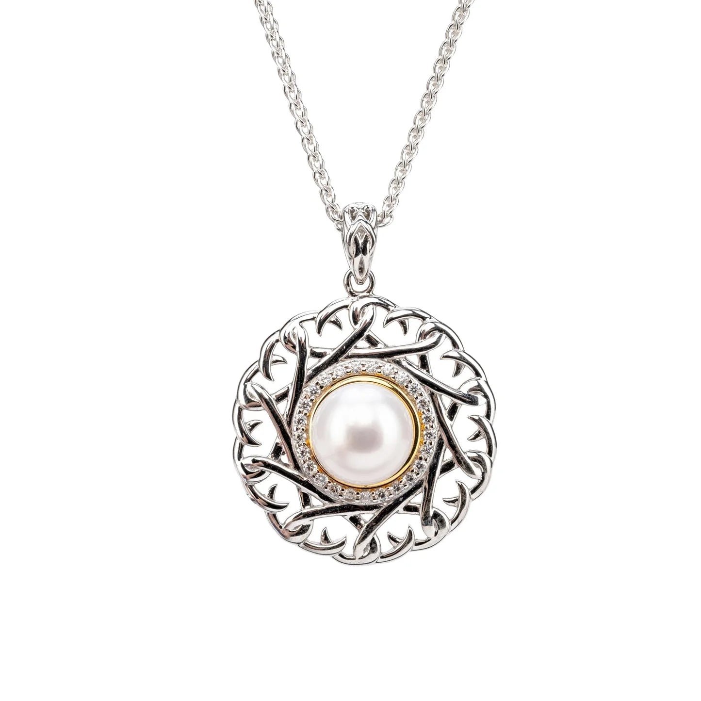 Silver necklace with a pearl pendant on a white background