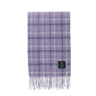 A purple and white plaid scarf with fringed ends and a small black brand label, shown flat against a white background.