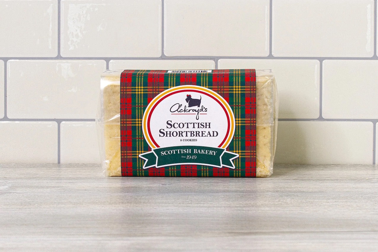 Packaged Scottish shortbread on a tiled surface