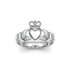 Silver Claddagh ring with a heart design on a white background