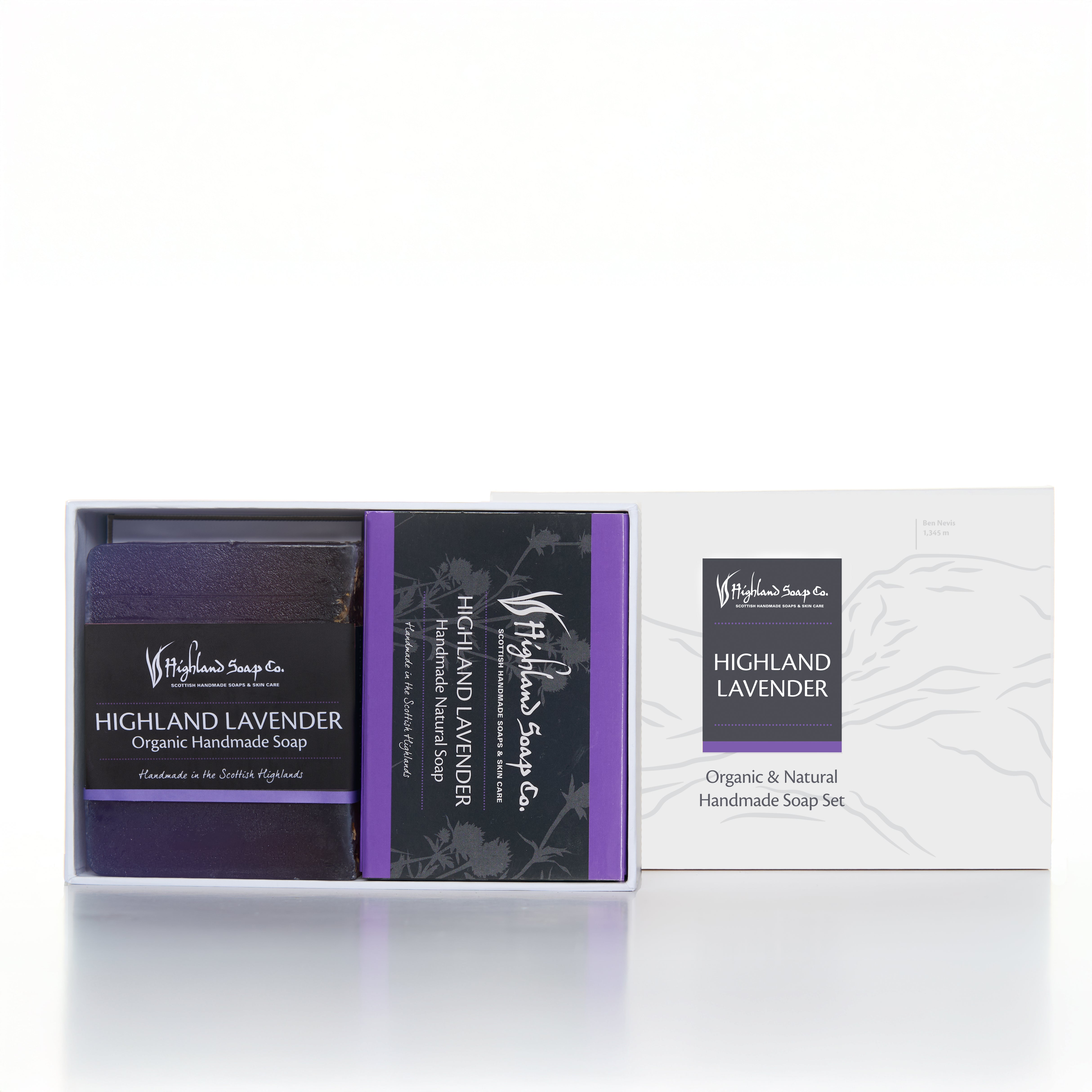 Highland Lavender soap set with packaging on a white background