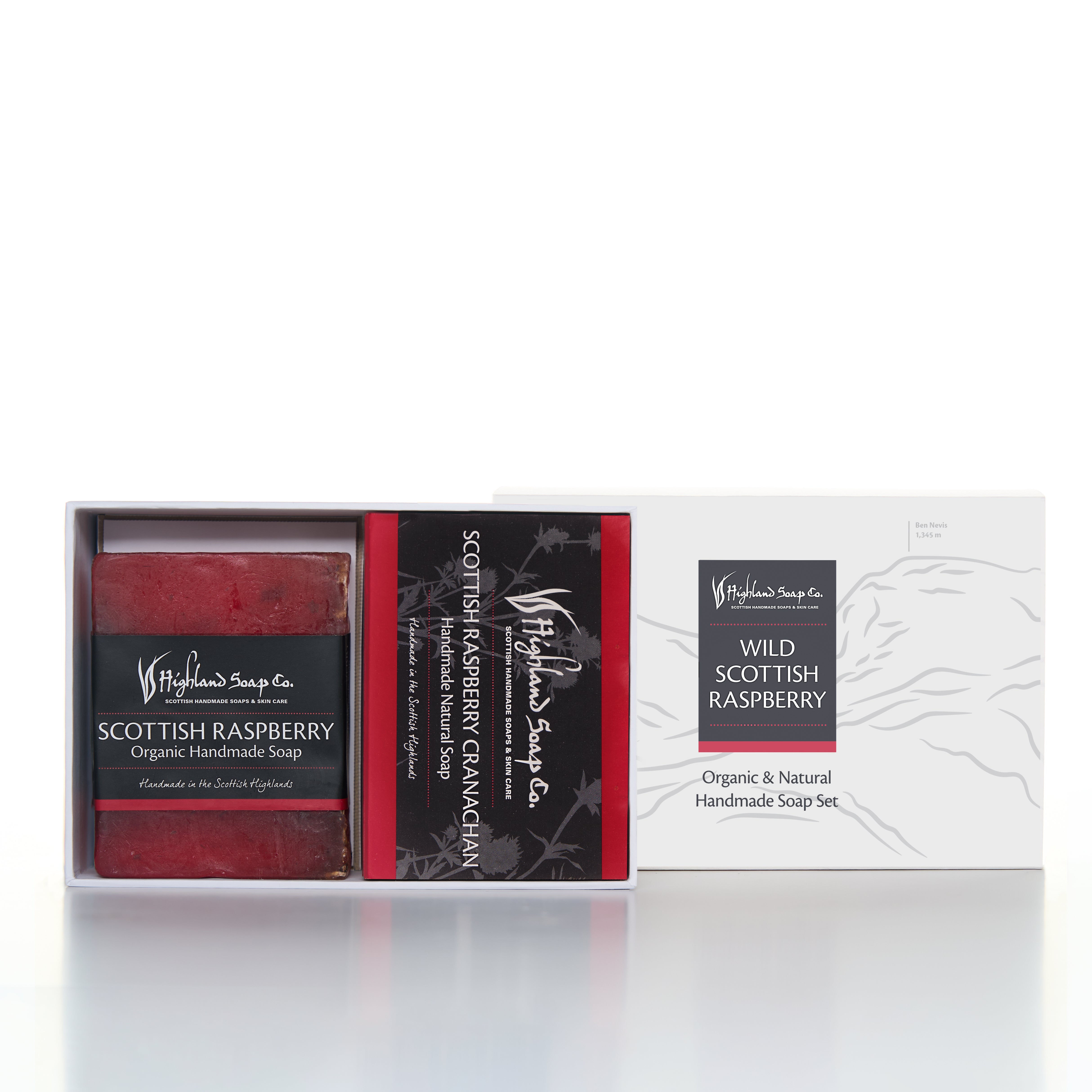 Box of Scottish Raspberry soap set with a bar of soap and a box on a white background