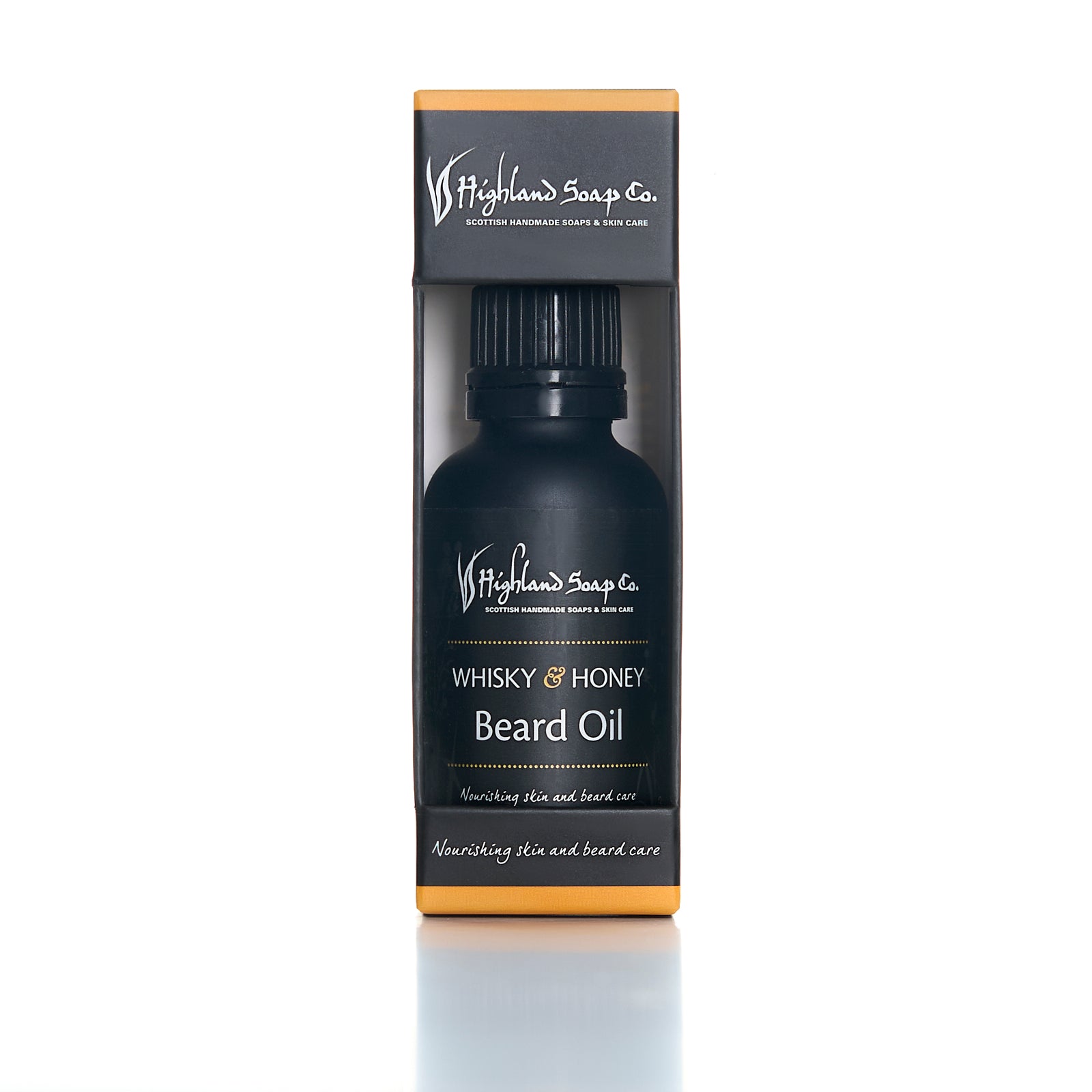 Highland Soap Co. Whisky & Honey Beard Oil packaging on a white background