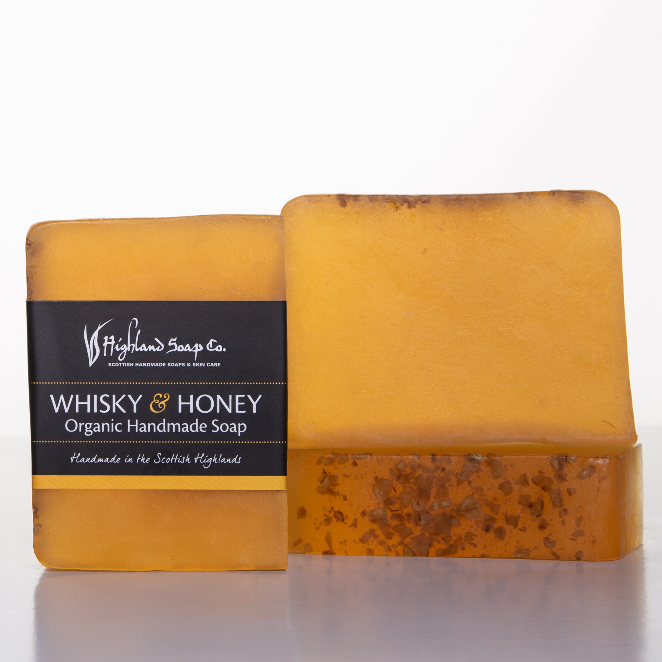 'Whisky & Honey' organic handmade soap from Highland Soap Co on a white background.