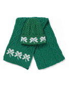 Green knitted scarf with white patterns on a white background