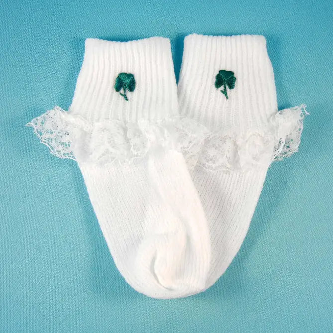 White baby socks with shamrock and lace
