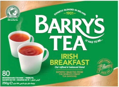 Barry's Tea packaging with two cups of tea on a green background