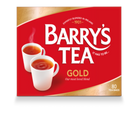 Barry's Tea Gold packaging with two cups of tea on a red background