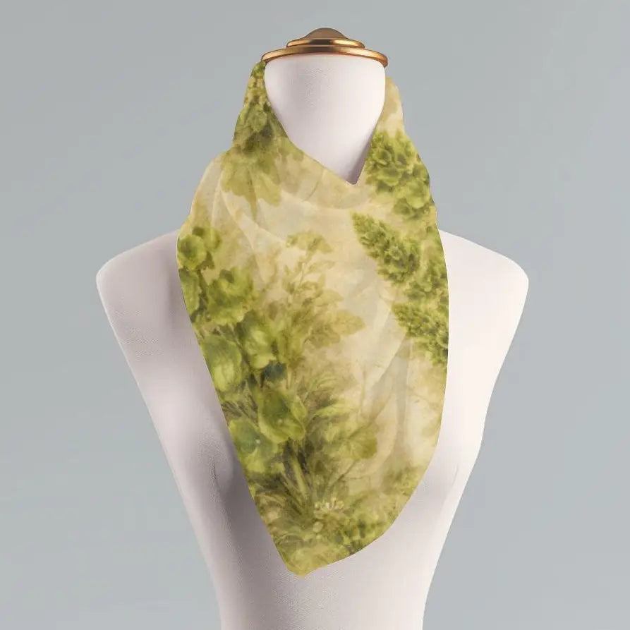 A lightweight sheer scarf with a green botanical leaf pattern draped on a white mannequin torso against a light gray background.