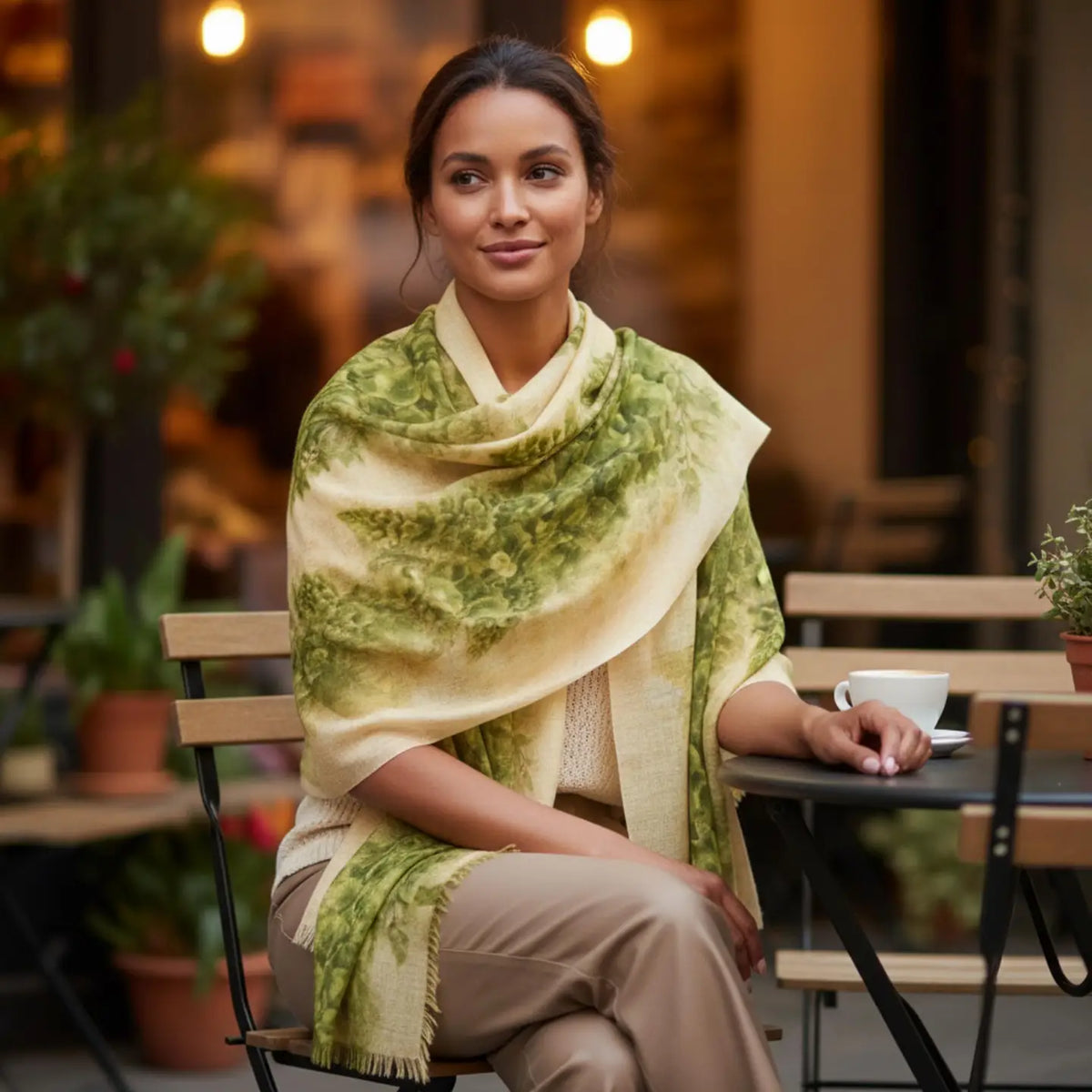 Woman sitting outdoors wearing a green and beige scarf, with a blurred background of a cafe setting.