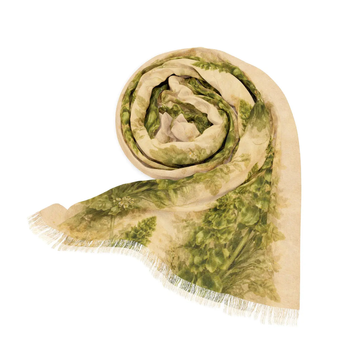 Green and beige patterned scarf rolled up on a white background