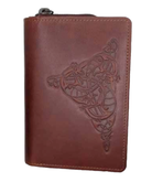 Brown leather wallet with embossed design on a white background