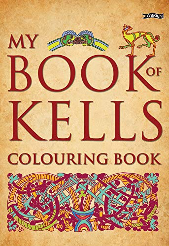 Cover of 'My Book of Kells Colouring Book' with decorative text and illustrations on a beige background.