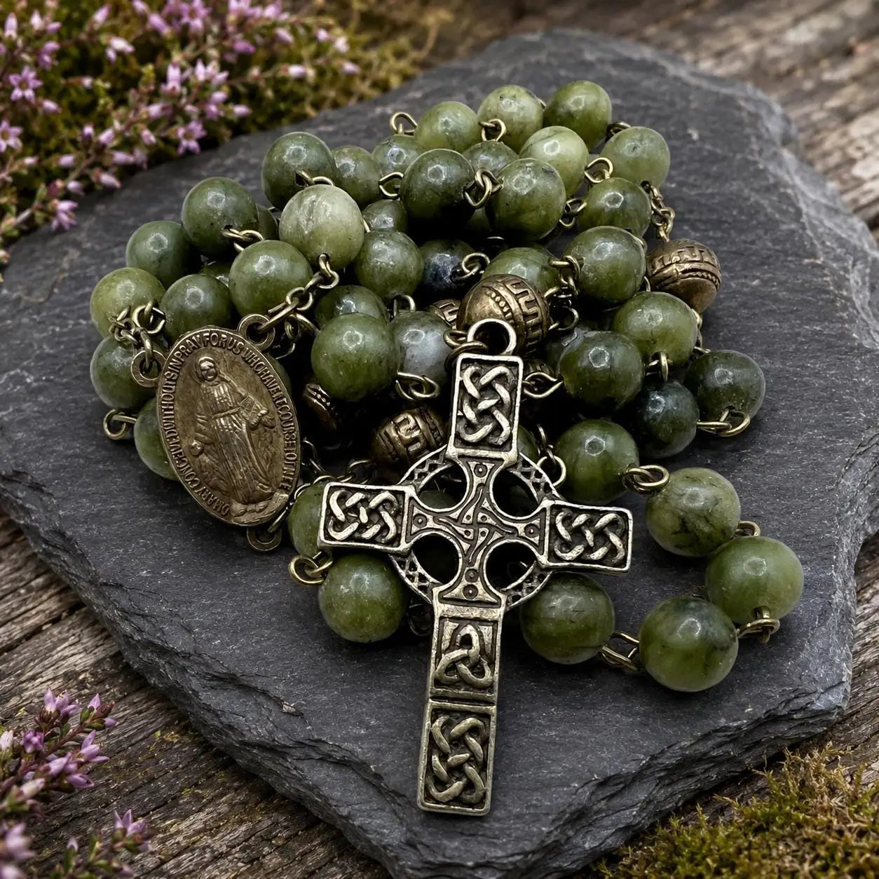A green stone bead rosary with an antique bronze Celtic cross and medal, displayed on a dark slate stone with small pink flowers in the background.