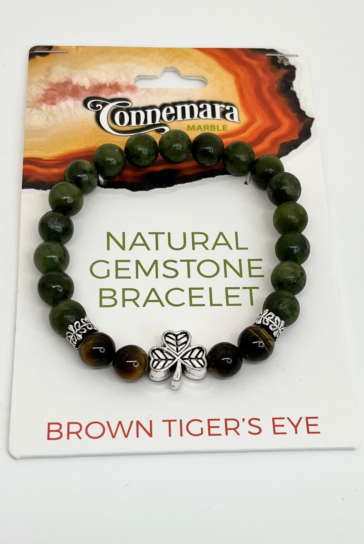 Brown Tiger's Eye gemstone bracelet on Connemara Marble packaging