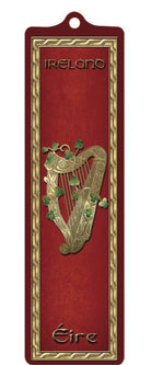 Decorative item with a harp design on a red background, featuring the word 'Ireland' at the top.