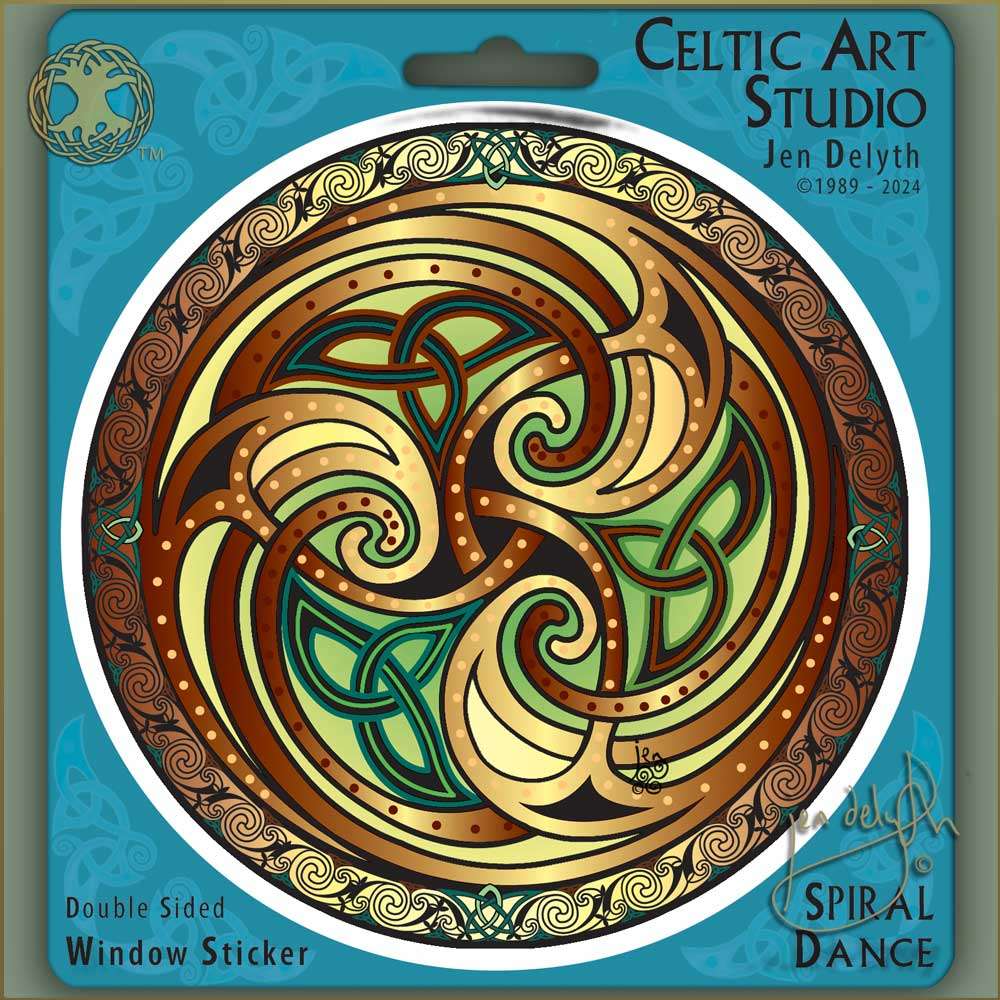 Celtic Art Studio window sticker with spiral design on a blue backing