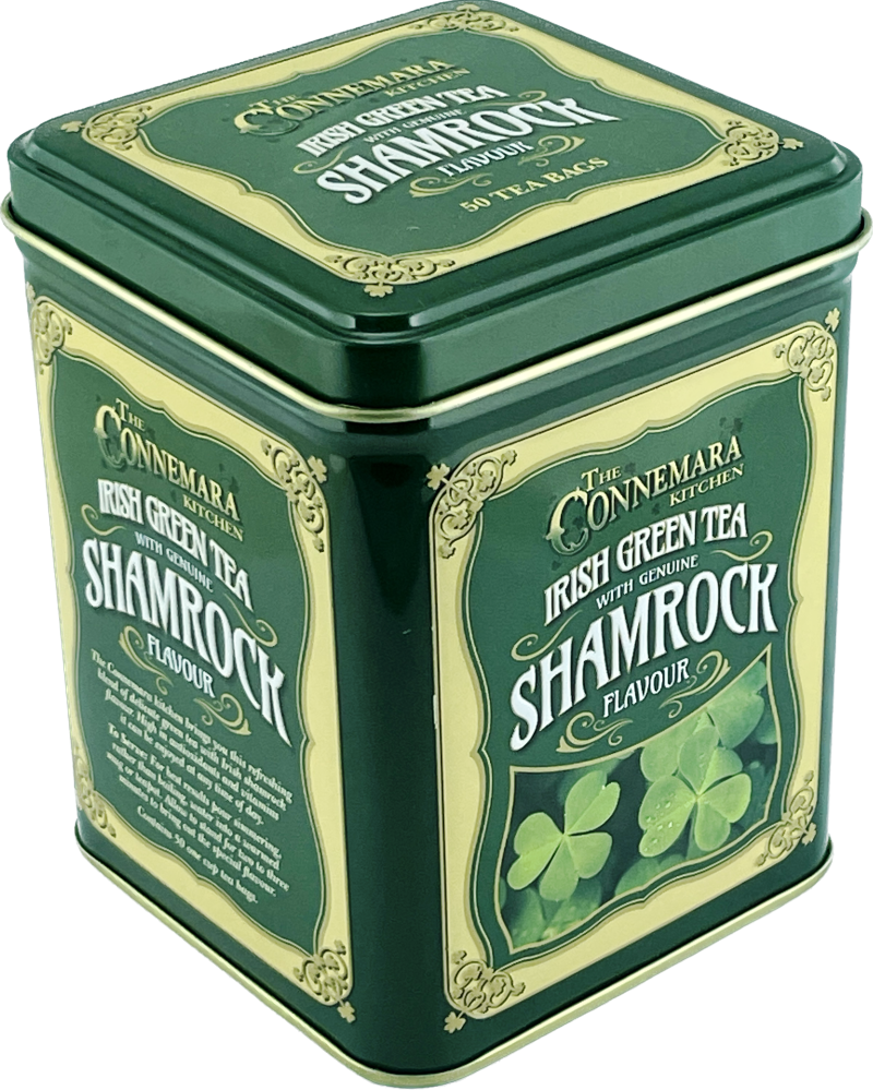 Green tea tin with shamrock design and Connemara Kitchen branding