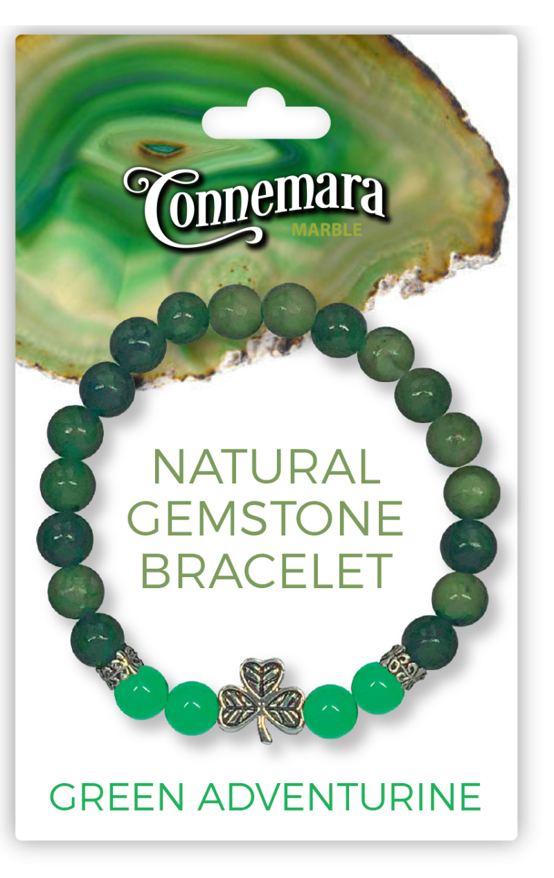 Green gemstone bracelet with shamrock charm on Connemara Marble packaging