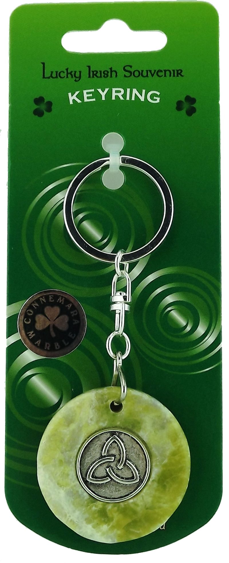 Green keyring with trinity design on a green card
