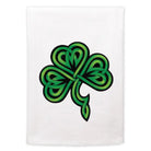 Green Celtic knot shamrock design tea towel on a white background