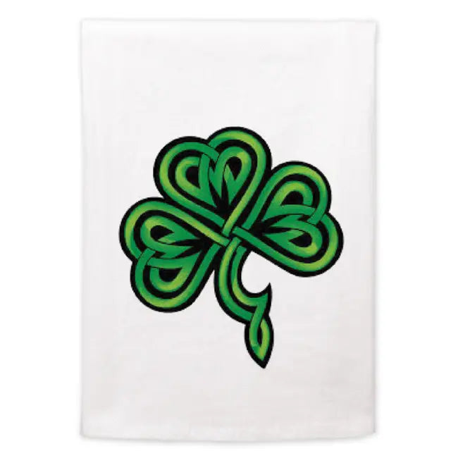 Green Celtic knot shamrock design tea towel on a white background