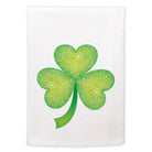 Green shamrock design tea towel on a white background