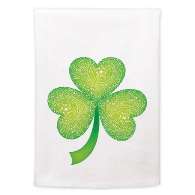 Green shamrock design tea towel on a white background