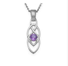 Silver Celtic Knot pendant with a purple amethyst gemstone on a white background