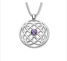 Silver necklace with a round Celtic Knot pendant featuring a purple amethyst gemstone on a white background