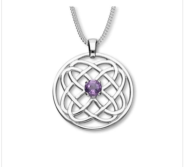 Silver necklace with a round Celtic Knot pendant featuring a purple amethyst gemstone on a white background