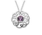 Silver necklace with a round pendant Celtic knot featuring a purple amethyst gemstone on a white background