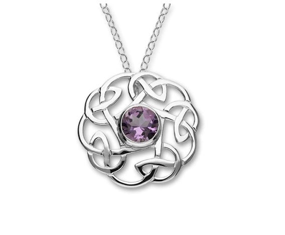 Silver necklace with a round pendant Celtic knot featuring a purple amethyst gemstone on a white background