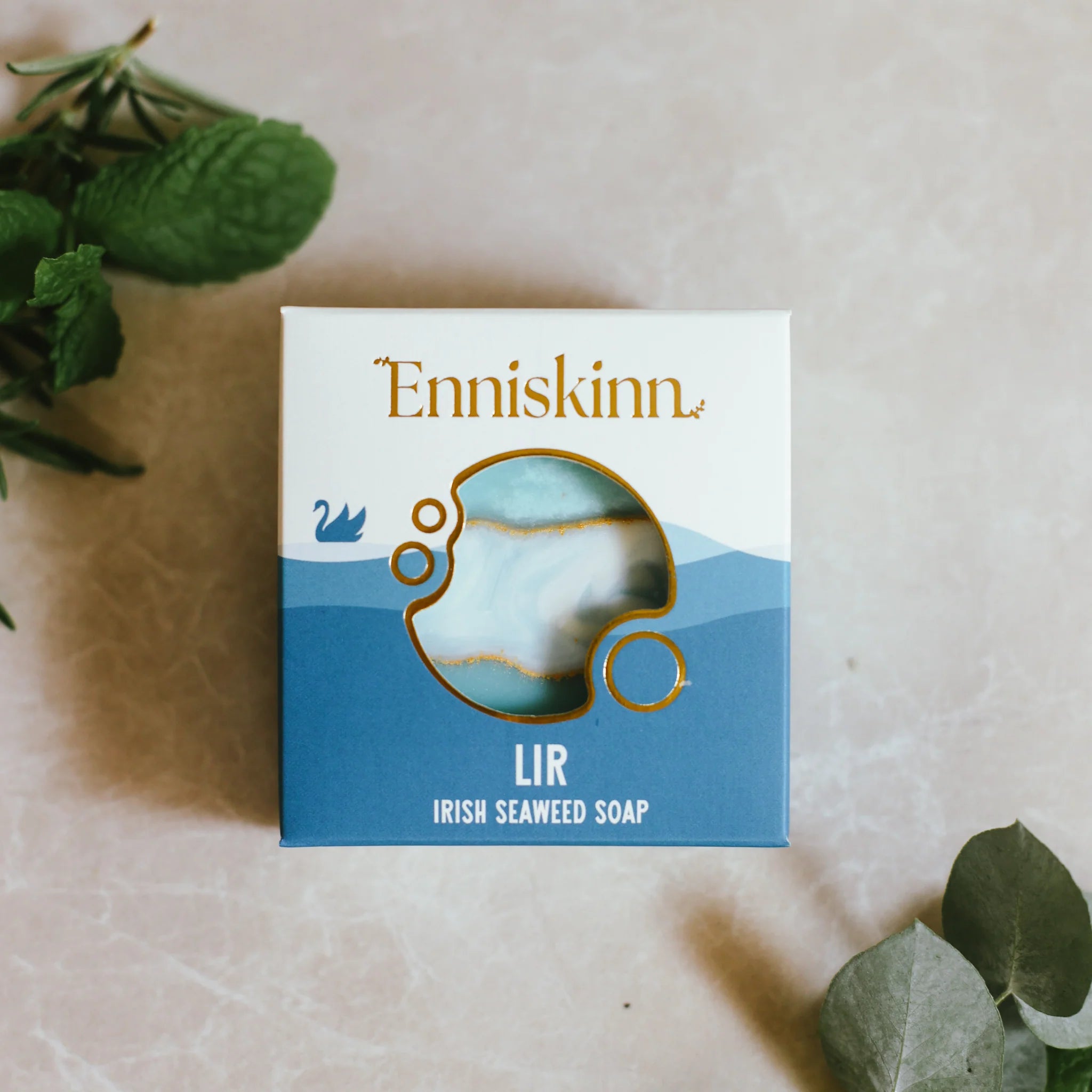 Enniskinn LIR Irish Seaweed Soap packaging on a light surface with green leaves.