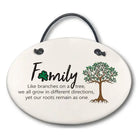 Decorative plaque with family tree design and quote on a white background