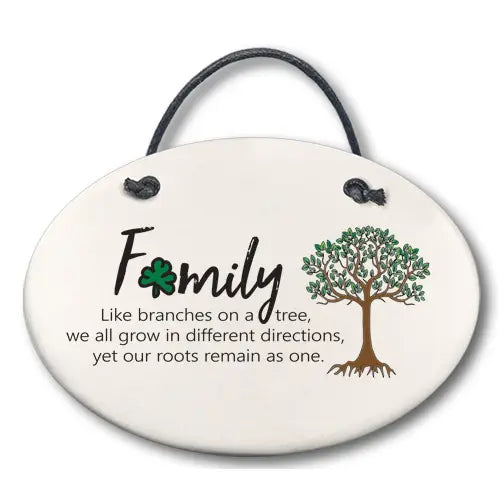Decorative plaque with family tree design and quote on a white background