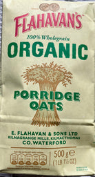 Bag of Flahavan's Organic Porridge Oats with branding and product details.