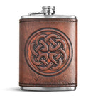 Brown leather flask with Celtic knot design on a white background
