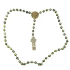 A vintage-style religious rosary necklace featuring olive green marbled beads, a round gold-toned medallion, and a silver-toned crucifix pendant, displayed on a clean white background.