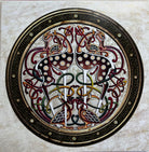 Decorative circular design with intricate patterns on a marble background
