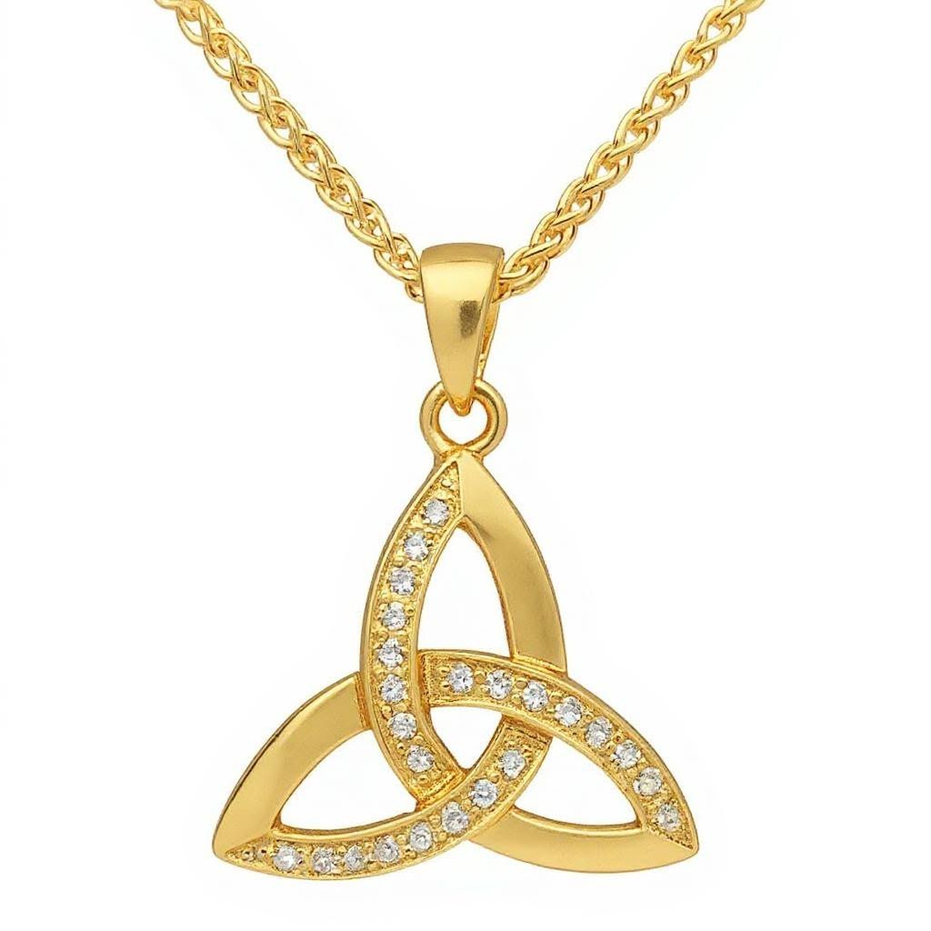 Gold necklace with a Trinity knot pendant on a white background