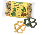 Shamrock-shaped pasta with a 'good luck pasta' package on a white background