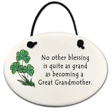 Decorative plaque with shamrocks and text about becoming a great grandmother on a white background