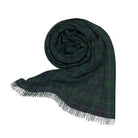 Black scarf with colorful text pattern on a white background
